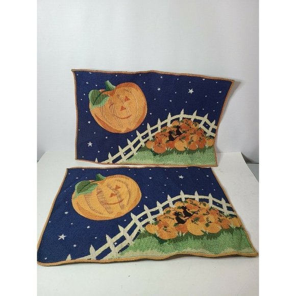 Set Of 2 Halloween Pumpkin Black Cat Pumpkin Patch Woven Cloth Placemats Vintage - Picture 5 of 7